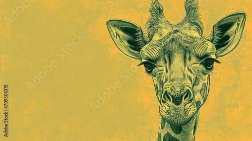  a close up of a giraffe's face on a yellow and yellow background with a black and white drawing of a giraffe's head.