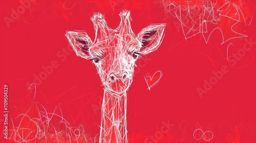  a drawing of a giraffe's head on a red background with a heart in the middle of it.