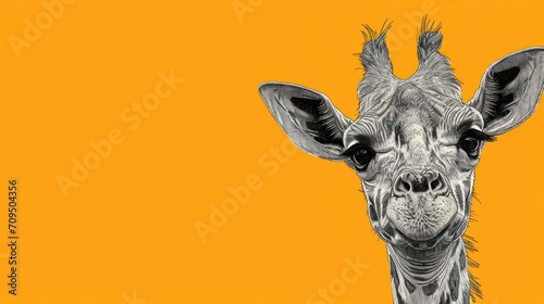  a close up of a giraffe s face on a yellow background with a black and white drawing of a giraffe s head.