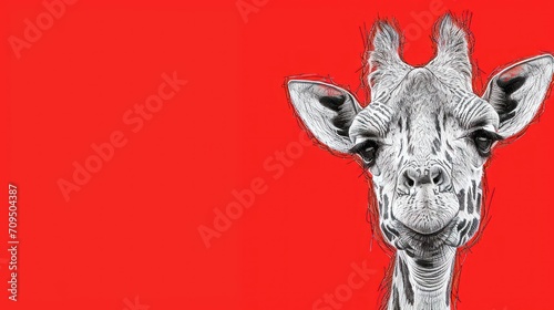  a close up of a giraffe's face on a red background with a black and white drawing of a giraffe's head.