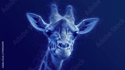  a close up of a giraffe's face on a blue background with lines in the foreground. © Shanti