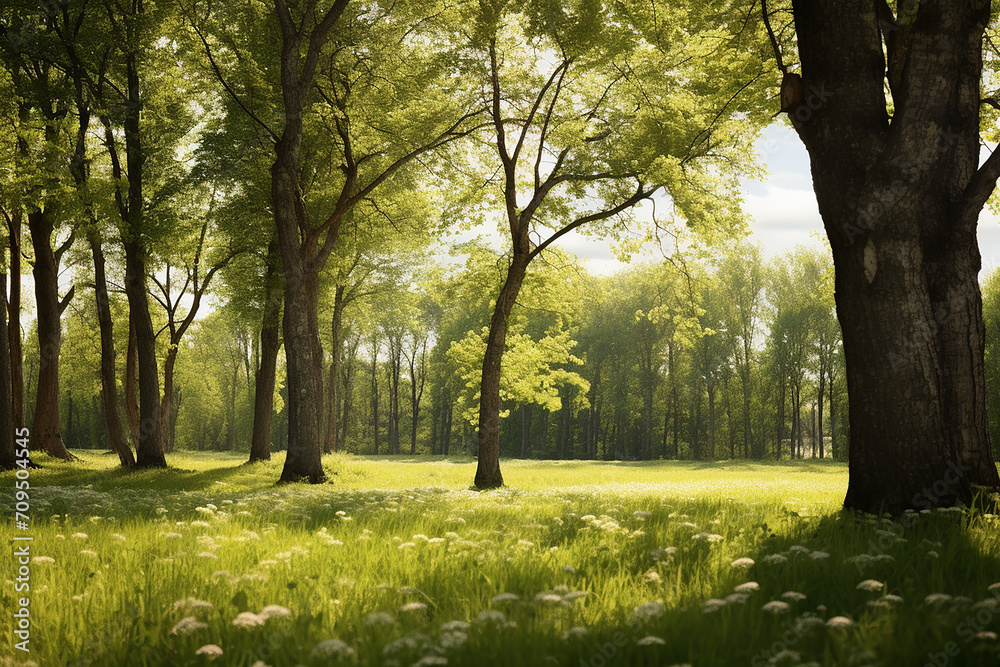 Spring Awakening: Illustration Landscape with Bright Fresh Look, Trees, and Blue Sky