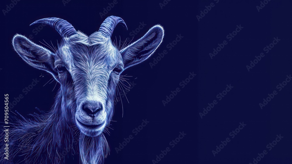  a close up of a goat's face on a dark background with a blurry image of the goat's head.