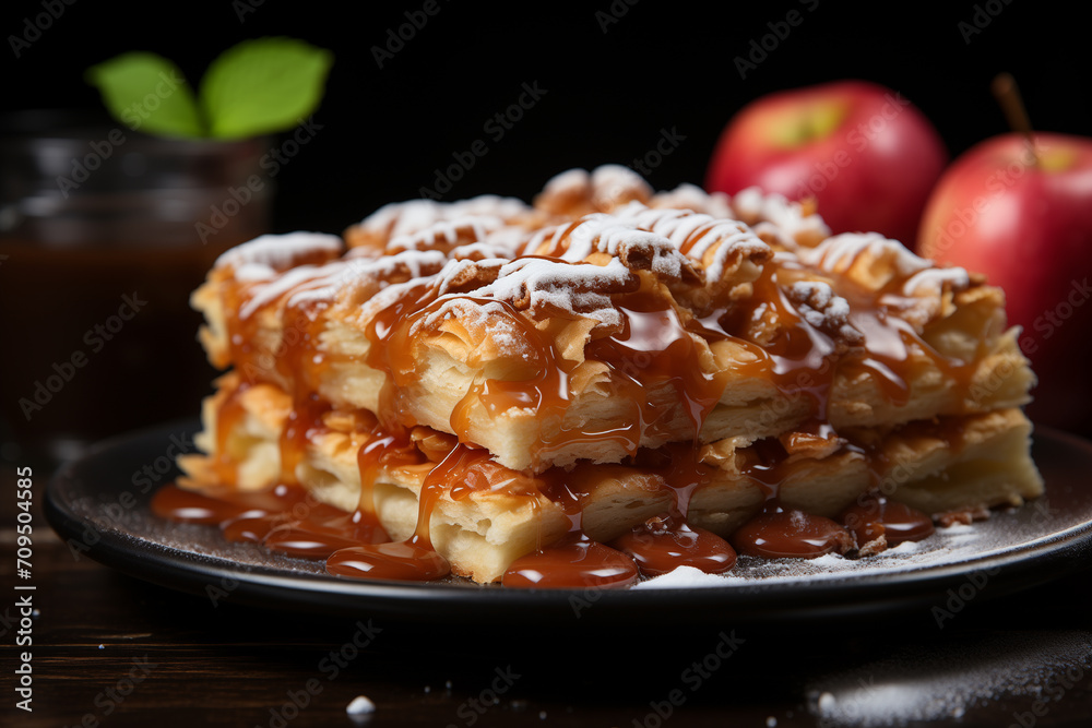 Closeup of Apple Pie slice with whipped cream in black dish on wooden table. Closeup of Apple Pie slice with whipped cream in black dish on wooden table.
