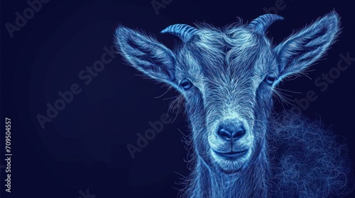  a close up of a goat's face with a blue light on it's face and a black background. © Shanti