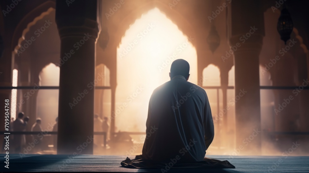 Islamic concept photo. Muslim man praying in the mosque and sunlight rays with haze in the morning. Ramadan or kandil or laylat al-qadr or kadir gecesi background photo. copy space - generative ai