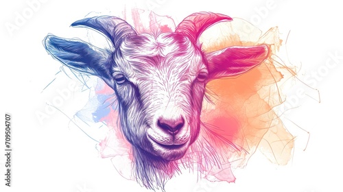  a close up of a goat's face on a white background with a multicolored background behind it. © Shanti