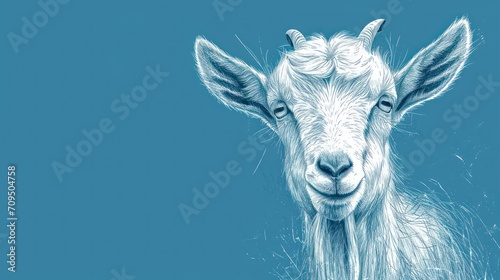  a close up of a goat's face on a blue background with a blurry image of the goat's head.