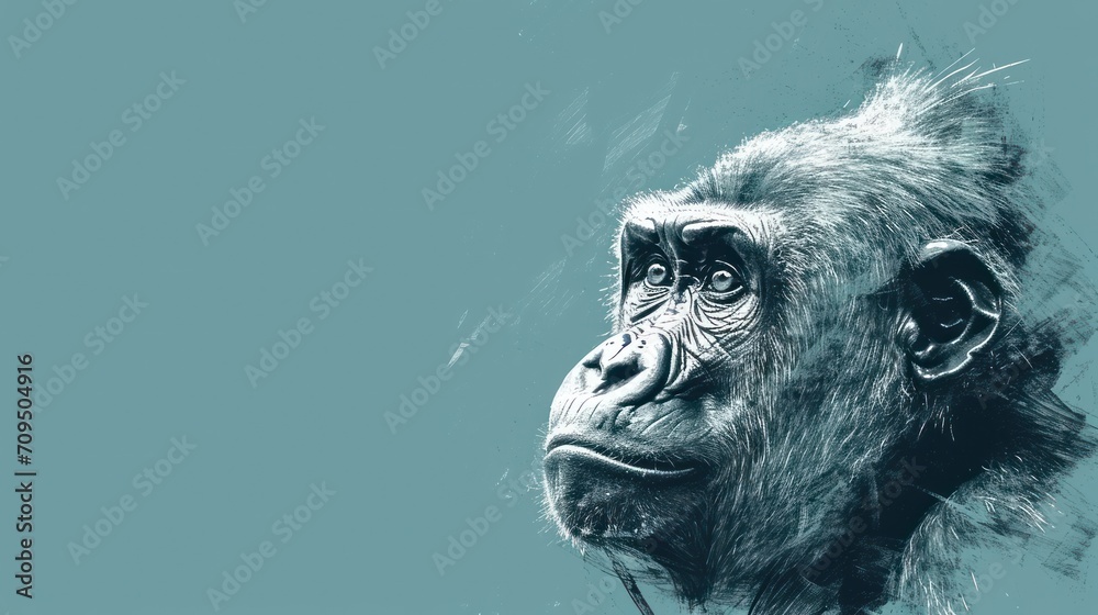  a close up of a monkey's face with a blue sky in the background and a black and white drawing of a monkey's face.