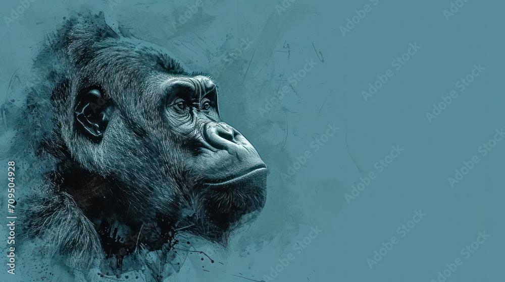  a close up of a gorilla's face on a blue background with a black and white drawing of a gorilla's head.