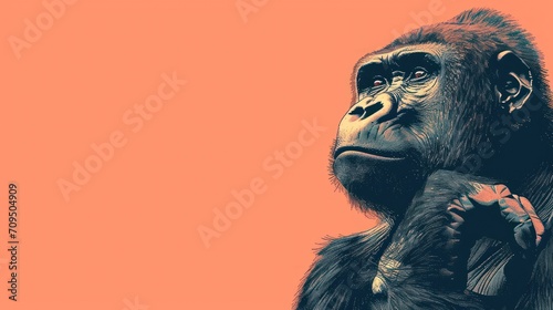  a close up of a monkey holding a piece of paper in his hand and looking up at something on an orange background.