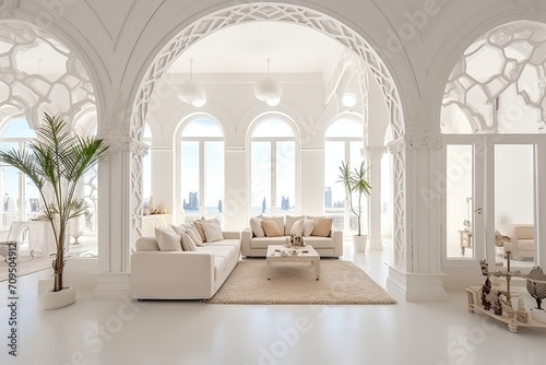 Fotografija Luxurious White Living Room Interior with Elegant Archways