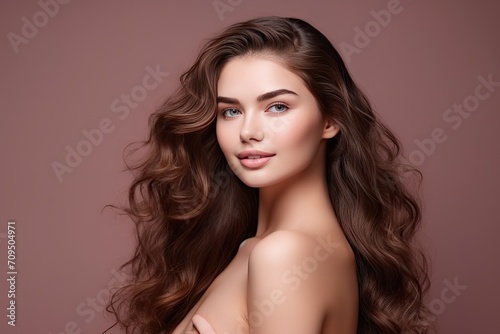 Elegant Woman with Luxurious Wavy Hair and Bare Shoulders