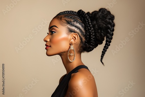 Elegant Woman with Braided Hair and Hoop Earrings Profile View