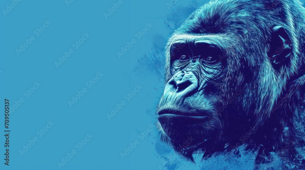  a close up of a monkey's face on a blue background with a splash of water in the foreground.