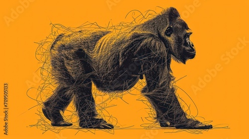 a drawing of a gorilla standing in front of a yellow background with a black outline of a gorilla on it's back legs.