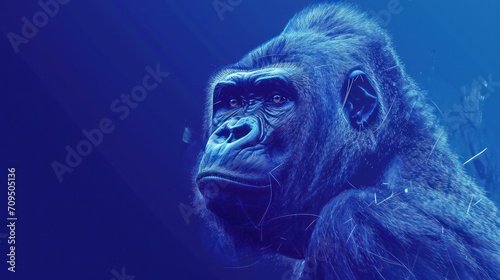  a close up of a gorilla's face with a blue light shining on the back of it's head. © Shanti