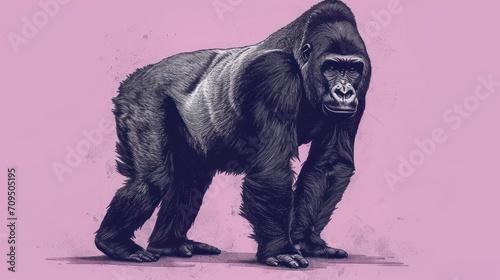  a drawing of a gorilla standing in front of a pink background with the words gorilla on it's chest.