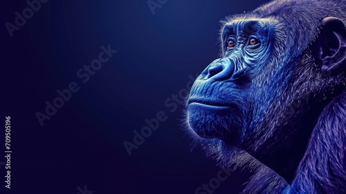  a close up of a monkey s face on a dark blue background with a blue light in the background.