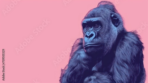  a close up of a gorilla on a pink background with a pink background and a blue gorilla on the right side of the frame.