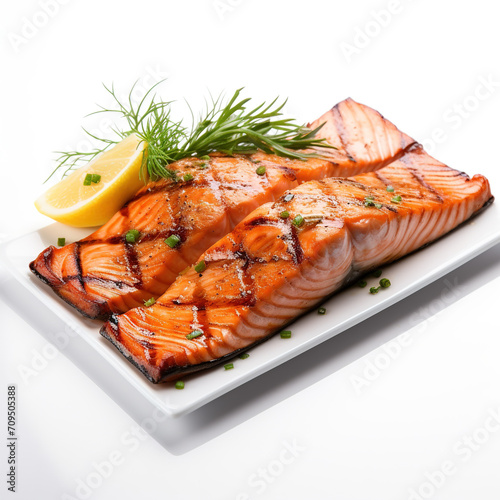 Sizzling Grilled Salmon Fillet presented on a clean white background © Graphic Master