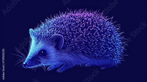  a close up of a porcupine on a black background with blue and purple lighting on it's face.