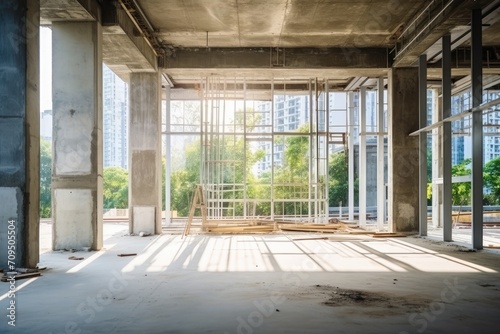 Sunlit Spacious Unfinished Concrete Interior of a Modern Building