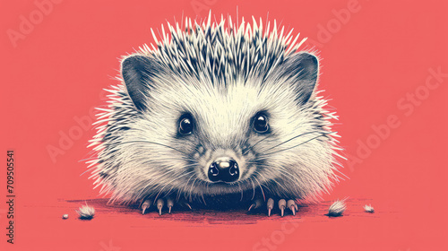  a close up of a porcupine on a red background with a black and white drawing of a porcupine.