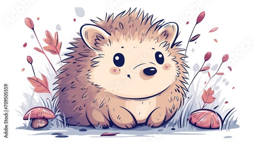  a drawing of a hedgehog sitting in the grass with a mushroom in the foreground and leaves in the background.