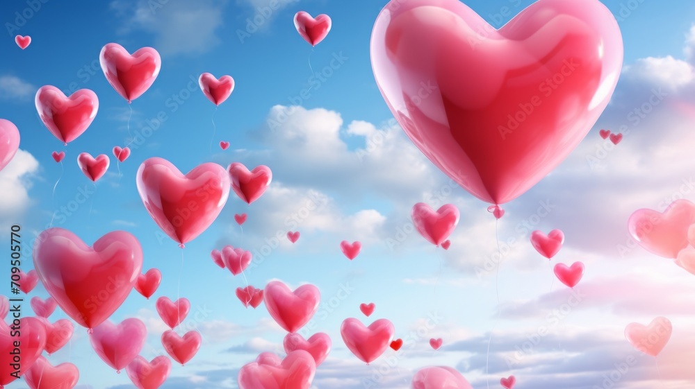 Heart shaped balloons floating in the blue sky, valentine, romantic, background