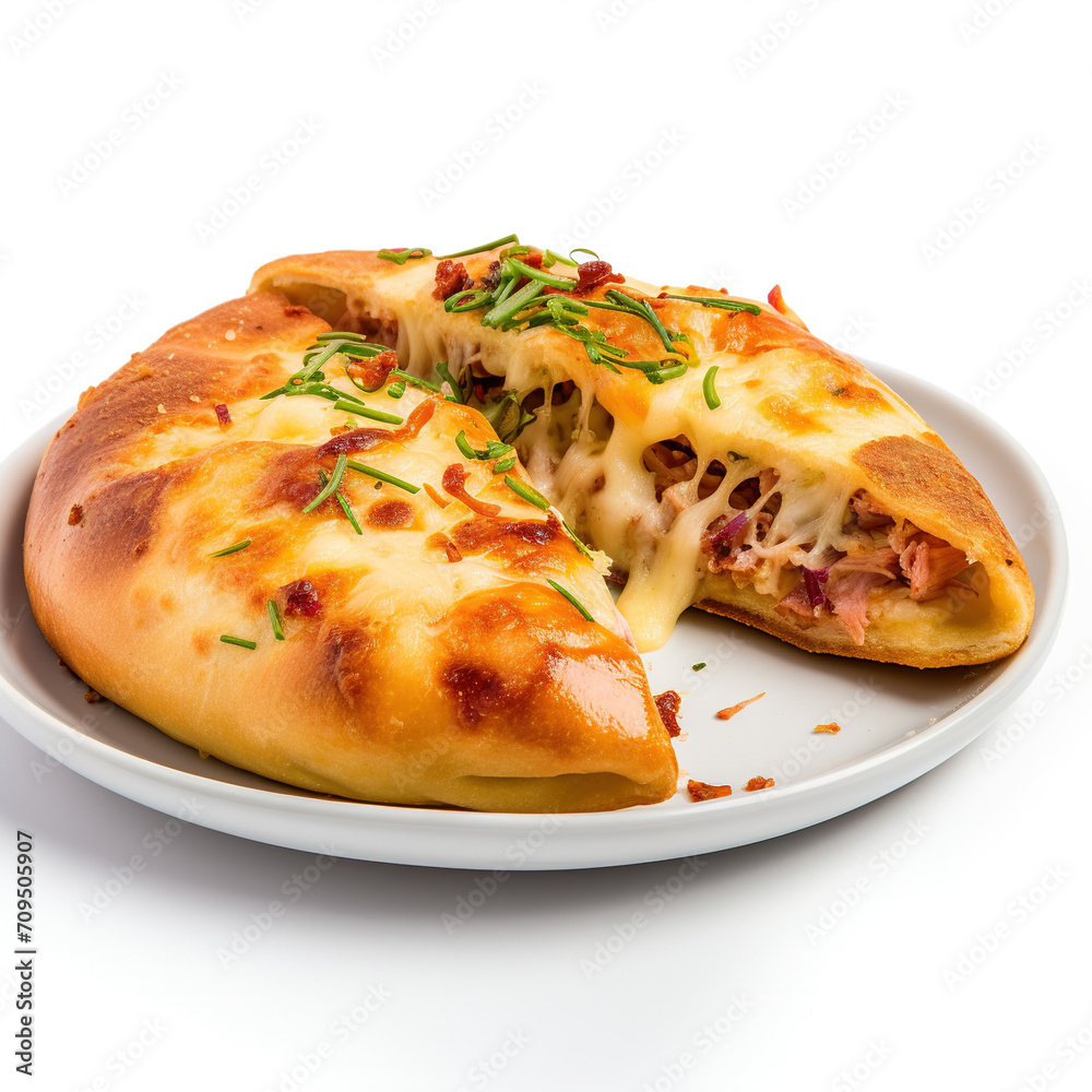 Calzone Stuffed with Cheese and Ham, presented on a clean white background Calzone Stuffed with Cheese and Ham, presented on a clean white background