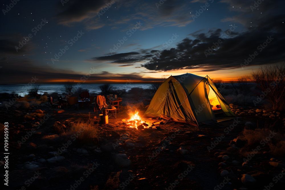 Camping with environment and bonfire at night.