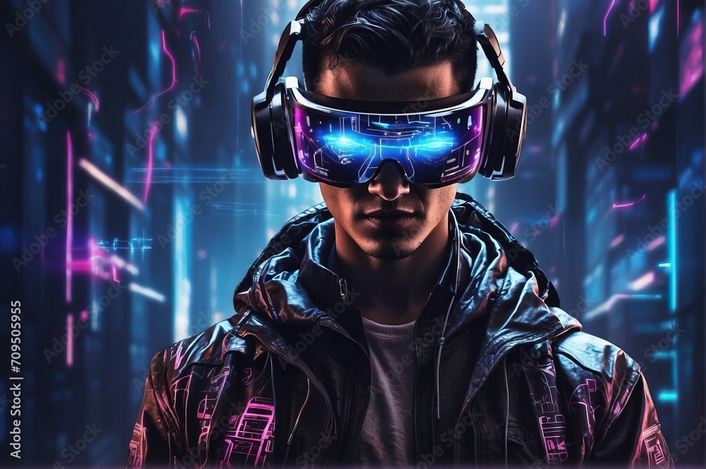 Illustration of a cyberpunk hacker in a virtual reality setting, surrounded by holographic mytric code Illustration of a cyberpunk hacker in a virtual reality setting, surrounded by holographic mytric code