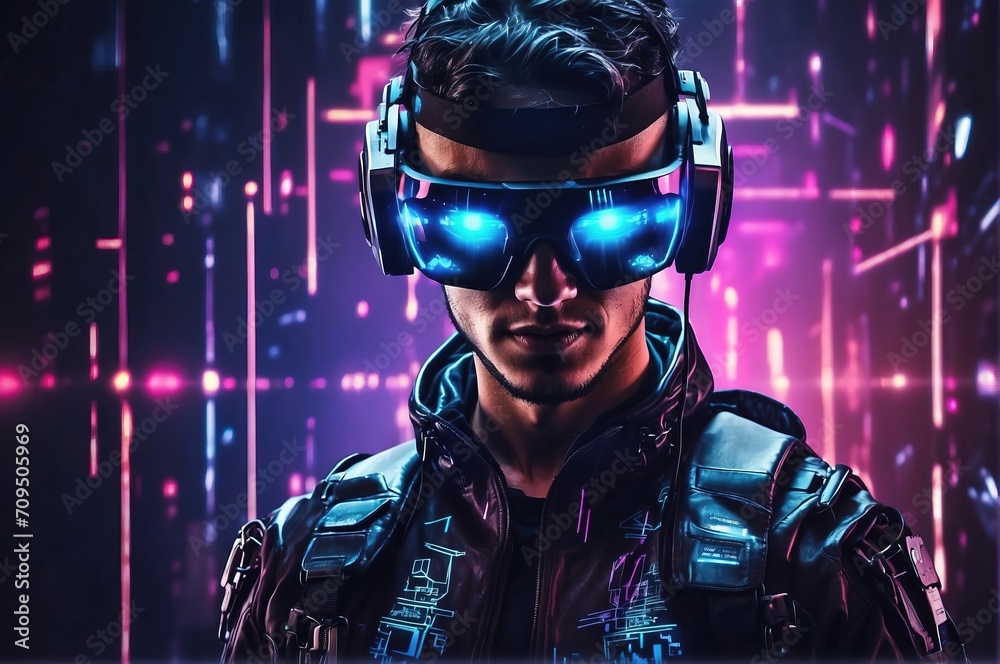 Illustration of a cyberpunk hacker in a virtual reality setting, surrounded by holographic mytric code