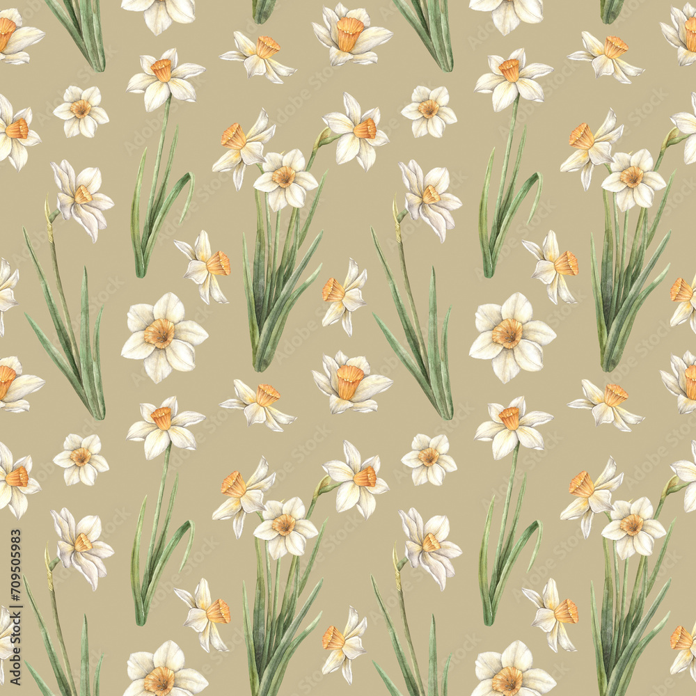 Watercolor pattern on a colored background with yellow beautiful daffodils. Easter holiday illustration hand drawn. Sketch on isolated background for greeting cards, invitations, happy holidays