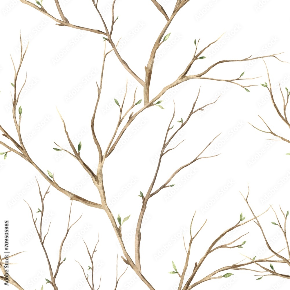 Watercolor pattern of spring branches on a white background. Illustration hand drawn on isolated background for greeting cards, invitations, happy holidays, posters, fabric, wallpaper, graphic design Watercolor pattern of spring branches on a white background. Illustration hand drawn on isolated background for greeting cards, invitations, happy holidays, posters, fabric, wallpaper, graphic design