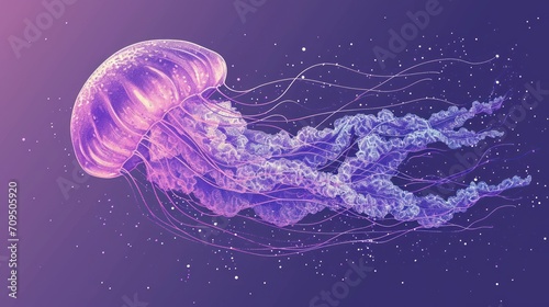  a close up of a jellyfish on a purple and blue background with a star filled sky in the background.