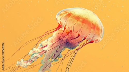  a close up of a jellyfish floating in the air with bubbles on it's back and a yellow background.