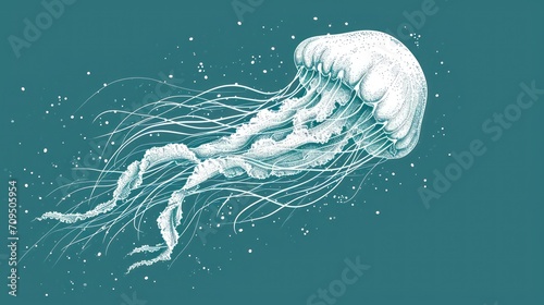  a drawing of a jellyfish floating in the water with bubbles on it's head and a long tail. photo