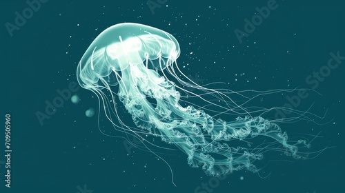  a close up of a jellyfish floating in the water with bubbles on the bottom of it's head.