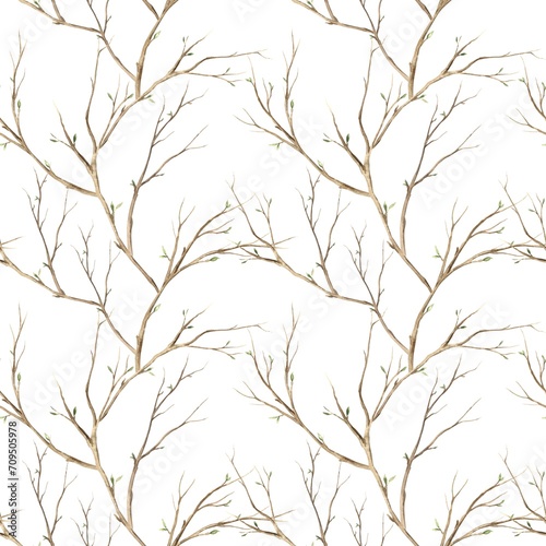 Watercolor pattern of spring branches on a white background. Illustration hand drawn on isolated background for greeting cards, invitations, happy holidays, posters, fabric, wallpaper, graphic design