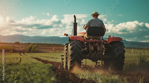 A farmer driving a tractor in a field photo