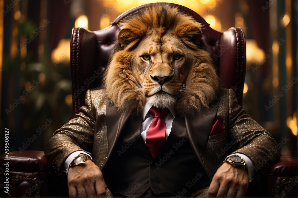 Lion mafia rich suit costume, sitting in king chair,
