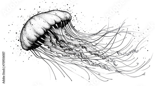  a drawing of a jellyfish with lots of water droplets on it's back and a black and white drawing of a jellyfish's head.