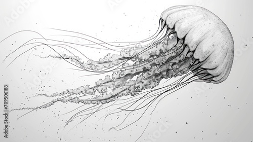  a drawing of a jellyfish in black and white with bubbles of water on the bottom of it's head.