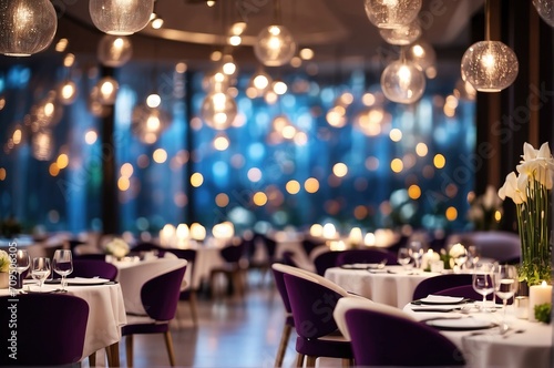 Luxury restaurant interior  the main dining area under glowing lights spotlight  bokeh blurred background