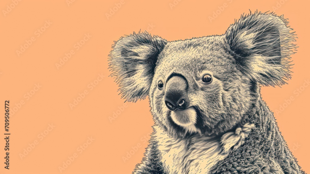 Fototapeta premium a black and white photo of a koala on an orange background with a black and white photo of a koala on an orange background.