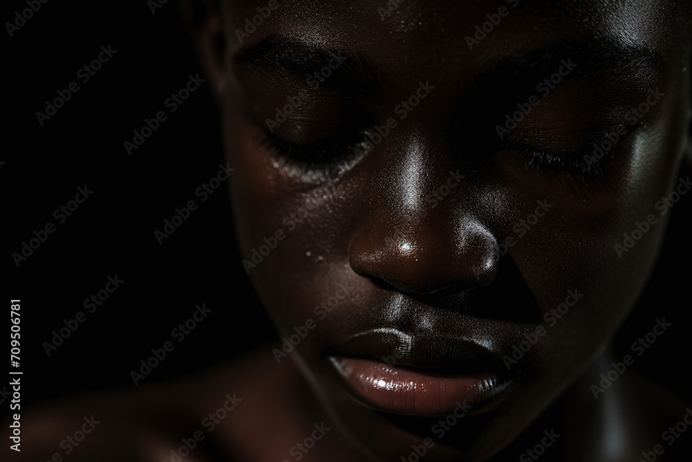 Studio portrait of an African-American woman with low key lighting.