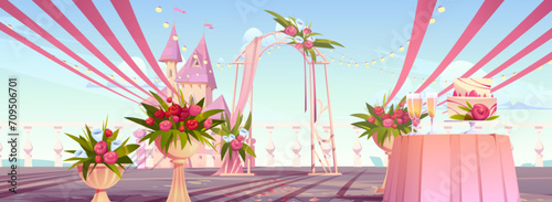 Wedding ceremony outdoor setup with arch draped with ribbons and decorated with rose flowers and bouquets on balcony or terrace near royal castle. Cartoon marriage event and banquet open air location.