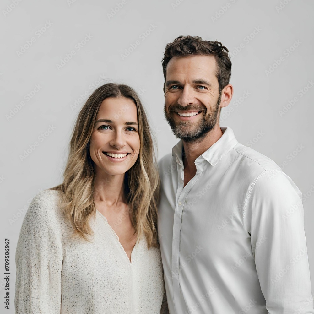 Couple Smiles Against Elegant White Backdrop Couple Smiles Against Elegant White Backdrop